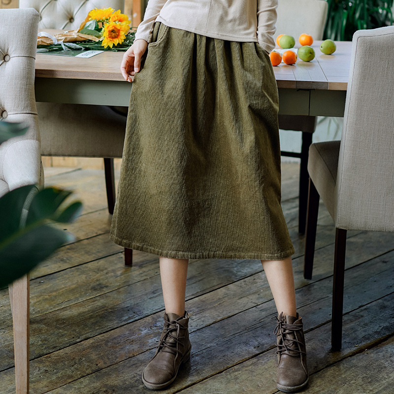 

Autumn Winter Corduroy Skirts Elastic High Waist Solid Color A-line Knee Pockets Long Skirt Women Casual Outerwear TA5292, No2