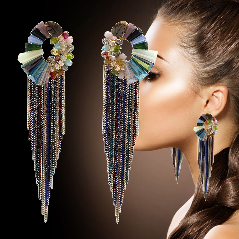 

Trendy Colorful Crystal Beaded Statement Earrings 2020 Handmade Metal Chain Long Tassel Earrings Women Jewelry Gift