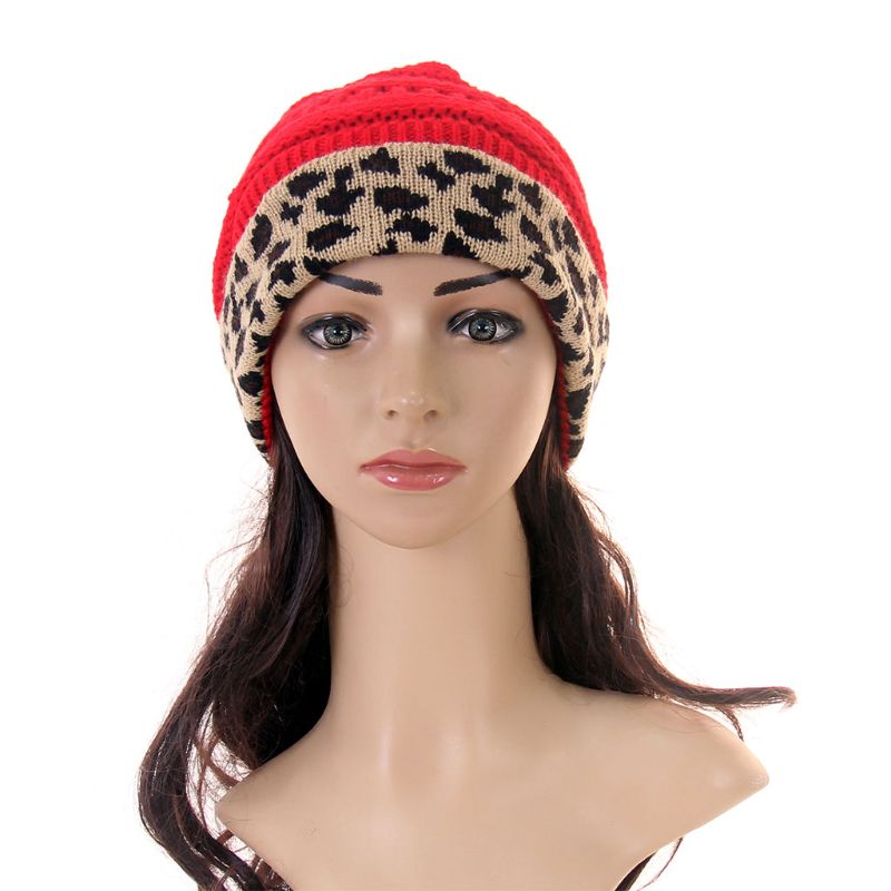 

2020 New Women Winter Warm Chunky Knit Skull Cap Leopard Cuffed Stretchy Baggy Beanie Hat, White