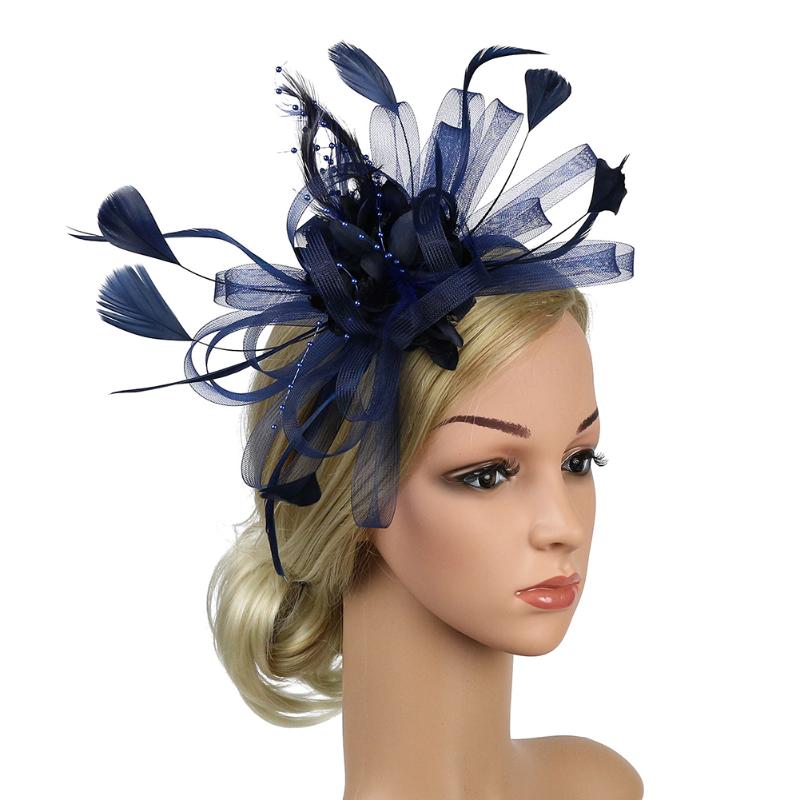 

Feather Mesh Women Fedoras Fascinator Headband Bowknot Hair Accessory Wedding Banquet Party Hat Cocktail Day Bridal, Navy