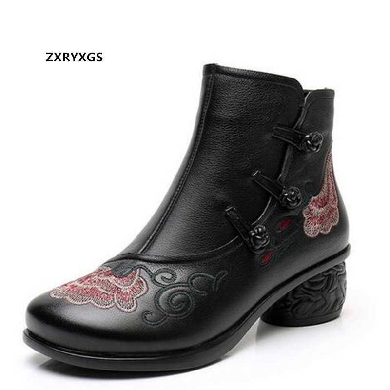 

New Classic Embroidery Genuine Leather Boots Women Ankle Boots Big Size Autumn Winter Shoes Fashion Warm Shoes Women, Black winter boots