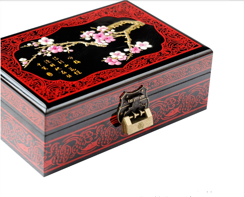 2 layer Lacquerware Chinese Decorative Wooden Vintage Storage Box with Lock Pull out Jewelry Set Box Wedding Birthday Gift Cosmetic box-image-587246693