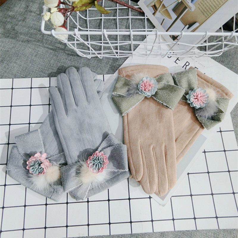 

New Korean touch screen gloves wool bow gray warm knitted women flower spring winter gloves thick mittens