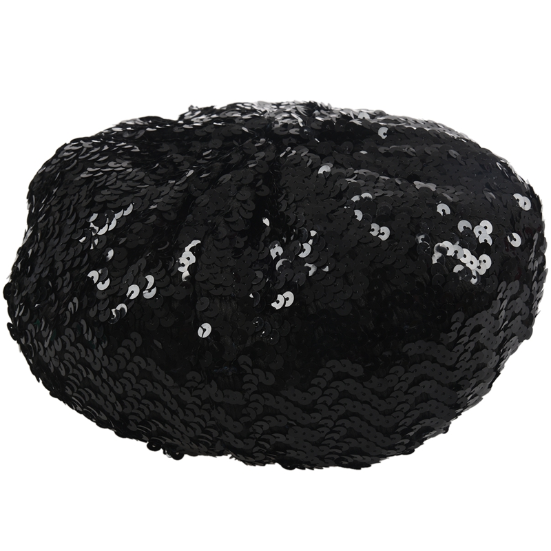 

Lady Costume Stretch Sparkly Shining Sequin Beret Beanie Hat, Black