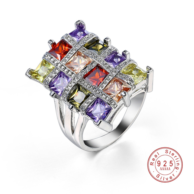 

Trendy Luxury Solid 925 Sterling Silver Ring Rainbow Square Baguette CZ Engagement Ring for Women Colorful Eternity Band
