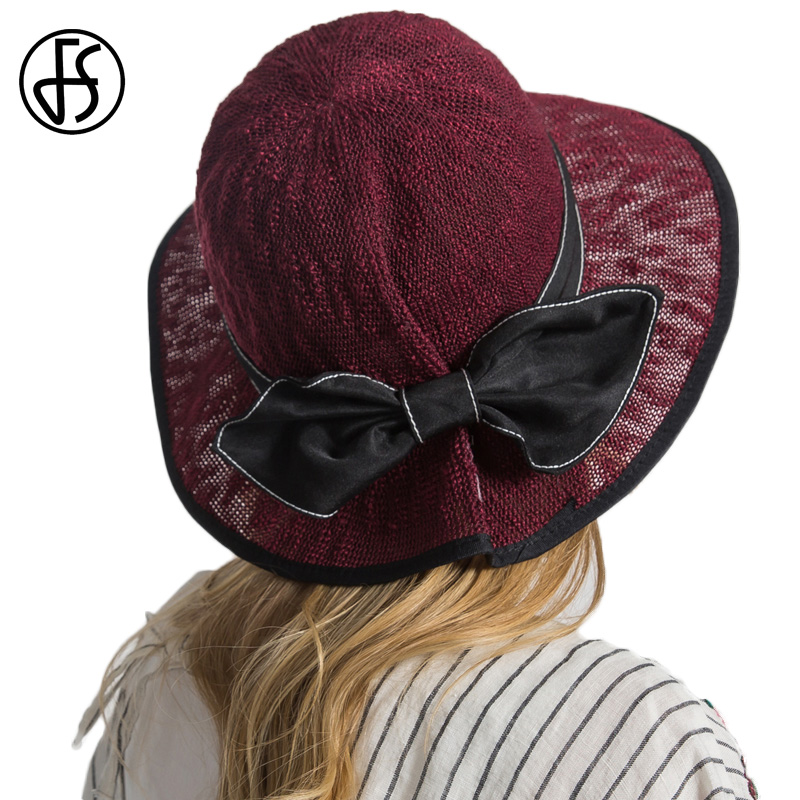

FS Elegant Breathable Ladies Summer Hand Made Big Bow Wide Brim Sun Hats Cap For Women Foldable Outdoor Beach Black 2020 Fashion, Beige sun hats