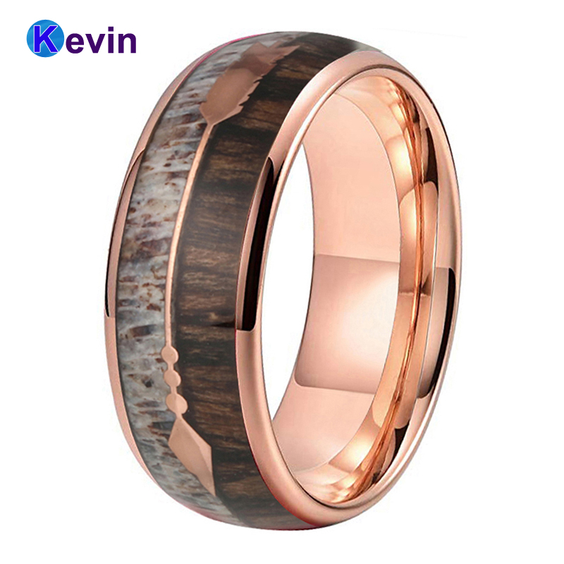 

Dear Antler Ring Rose Gold Tungsten Wedding Rings For Men Women With Zebra Wood Antler Arrows Inlay 8MM Comfort Fit