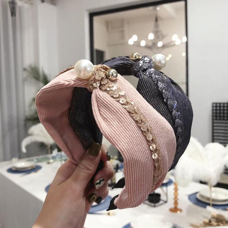 

New Fashion Wide Side Headband Women Big Rhinestone Hairband Pearls Headwear Turban Hair Accessories Drop Shipping
