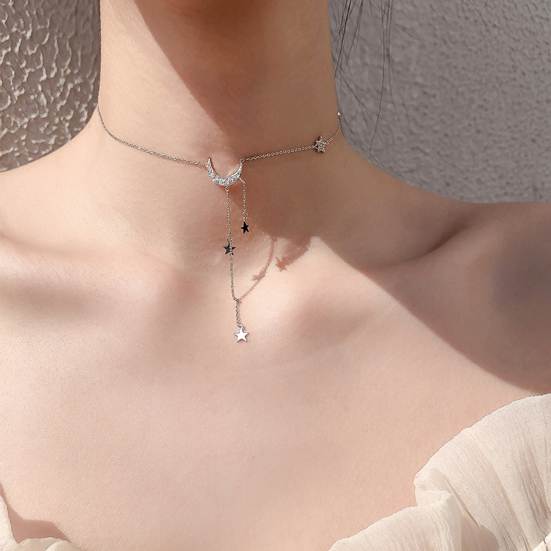 

Fashion Sweet Stars Moon Tassel Necklace Simple Temperament silver Plated Clavicle Chain For Women Pendant Jewelry