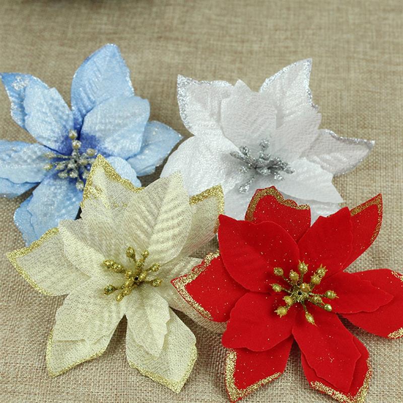 

10PCS Christmas Flower Cloth Glitter Poinsettias Flower Christmas Tree Xmas Party Decor Wreath Tree Decorations