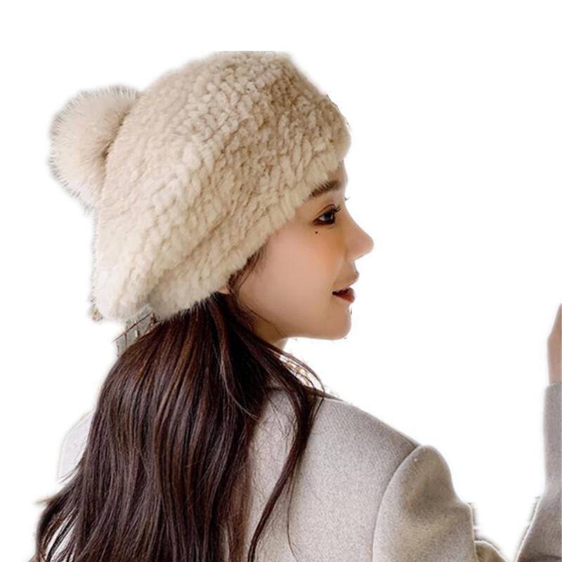 

autumn winter natural Berets knitted warm women fur hats with big fur pompom caps H16, Black