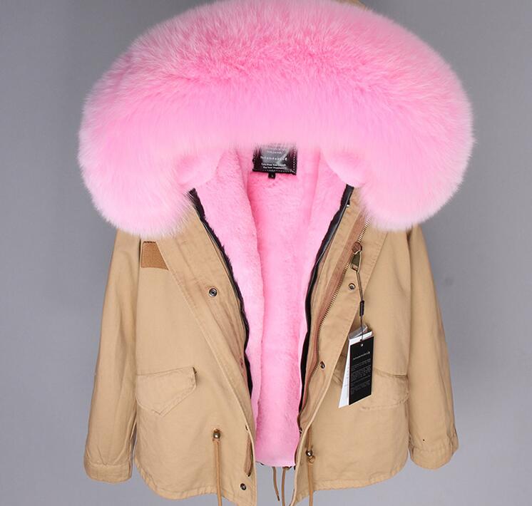 

winter coat lavish pink fox fur trim Maomaokong brand pink rabbit fur lining mini khaki women parka snow jacket, Choose the model
