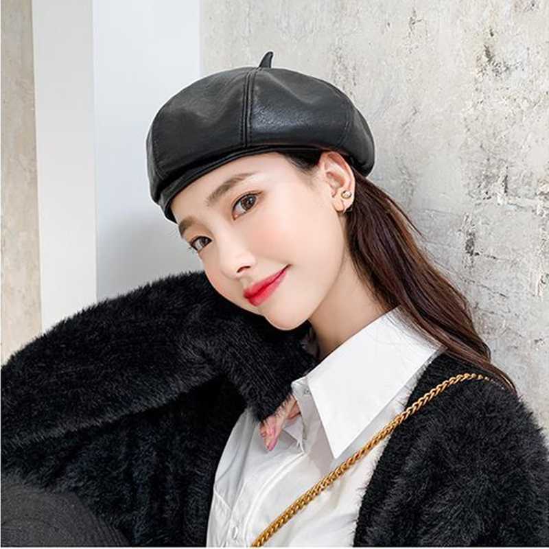 

PU Leather Berets For Women Fashion Ladies Black Caps Stewardess Red Yellow Beret Autumn Winter Artist Hats, Gray