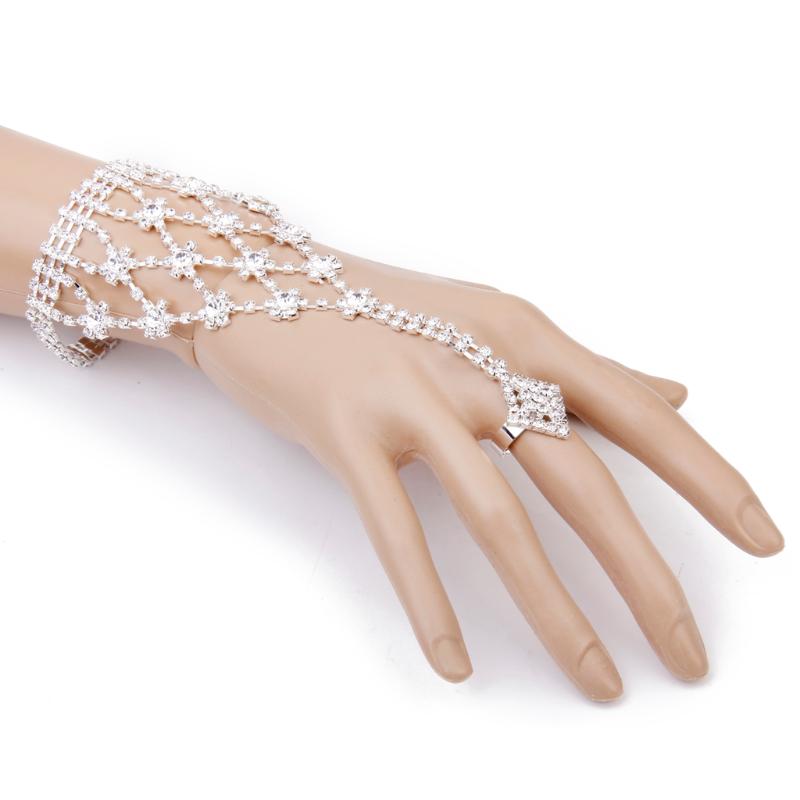 

Rhinestone Flower Hand Harness Bracelet Finger Chain Bridal Cross Design Wedding Bridal Bridesmaid Boho Silver Color