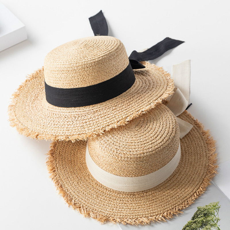 

Handmade Long Ribbon Ladies Raffia Hats Female Flat Beach Hat Summer Sun UV Hat, Black