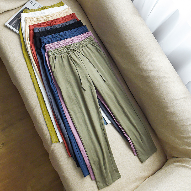 

New Style Cotton Linen Skinny Pants Female Summer Casual Loose Thin Baggy Pants Solid Color Drawstring Elastic Waist Capri, Yellow
