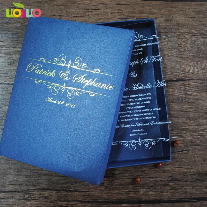 

Royal Navy blue wedding invitation card box with customize printing clear acrylic invitations model