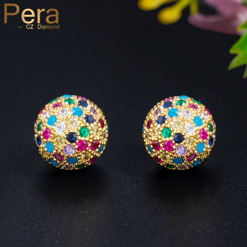 

Pera Delicate Multi Rainbow Ball African Cubic Zirconia Yellow Gold Cute Stud Earring for Ladies New Trendy Earing Jewelry E564