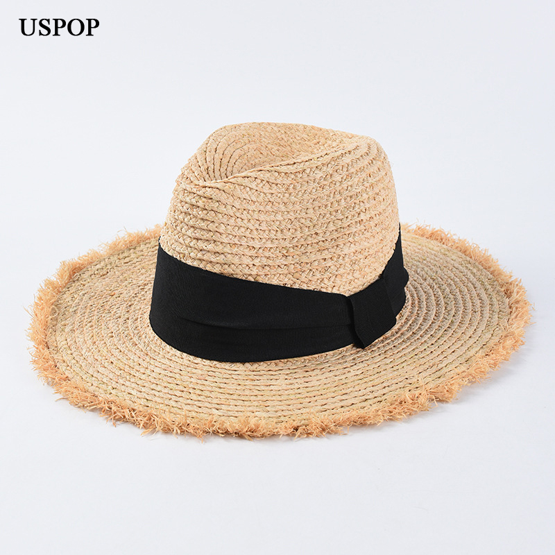 

USPOP 2020 New sun hats for women jazz top straw hats female wide ribbon bow beach hat raffia large brim straw sun, White