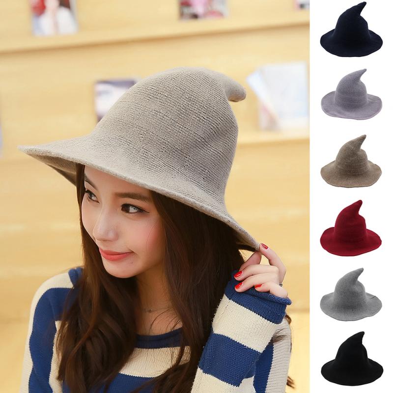 

Women Solid Witch Party Christmas Halloween Cap Pointed All-Match Festival Wide Brim Hat Autumn Winter, Camel