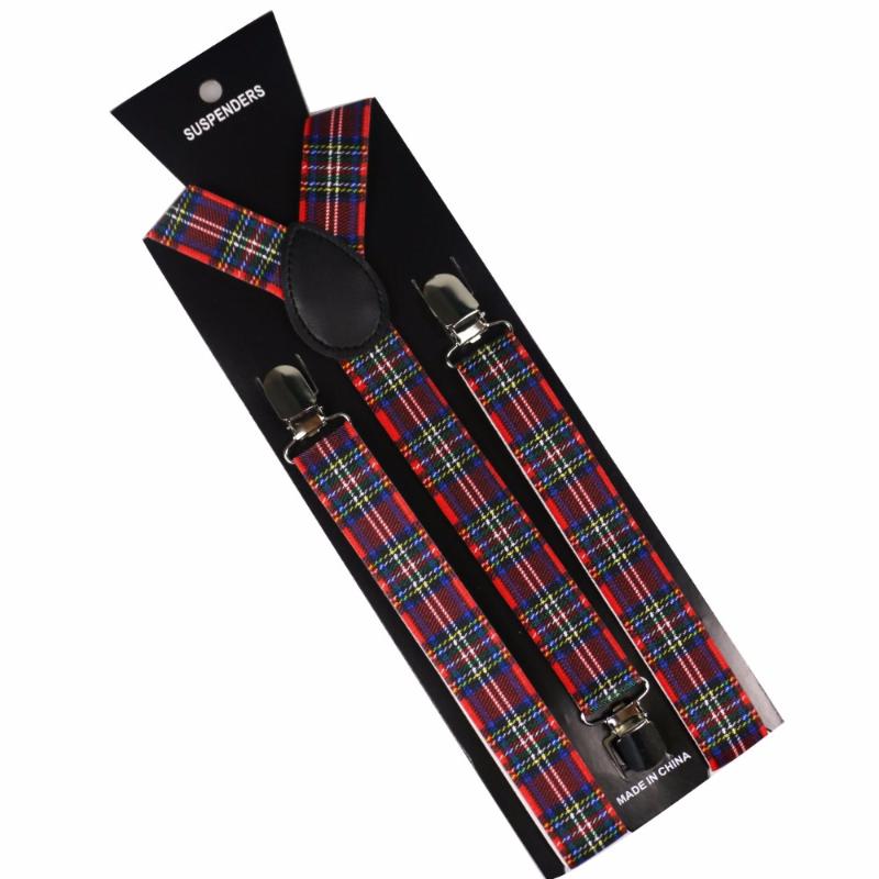 

Winfox New Fashion Mens Women Adjustable Suspenders Red Plaids Clips On Y-Back Braces Elastic