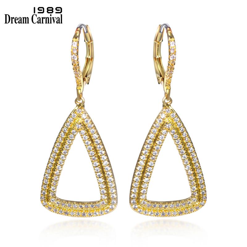 

DreamCarnival1989 Women Hollow Luxury Dangle Earrings Triangles Shape Rhodium or Gold-color CZ Paved Mounted Pendientes SE10452