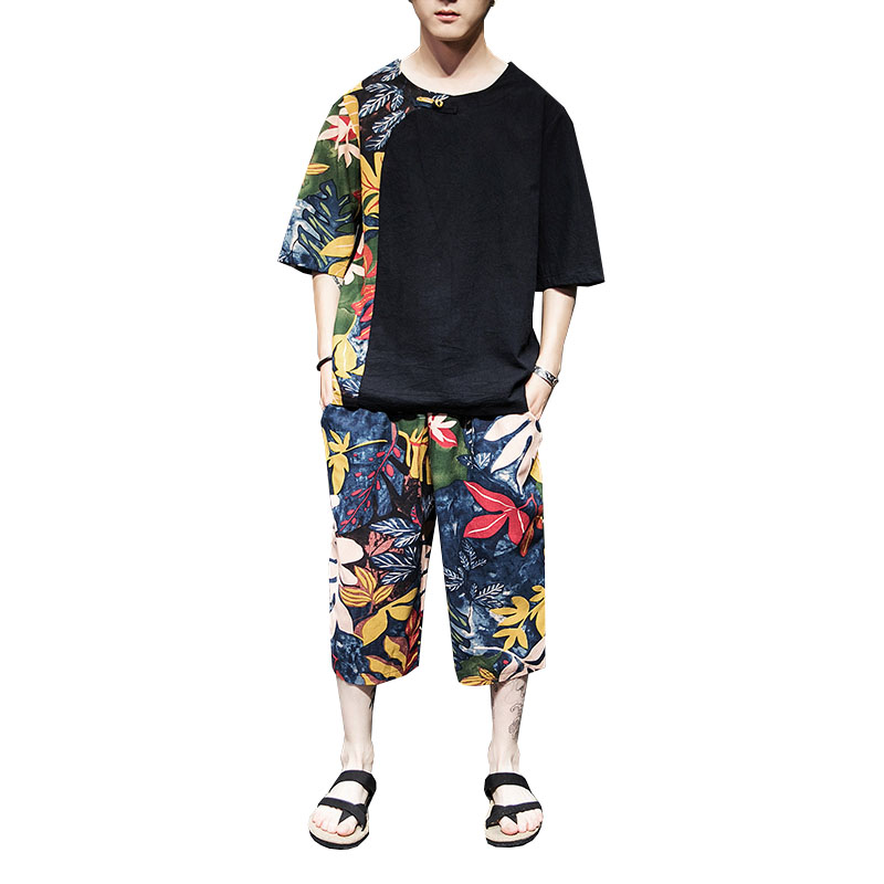 

Fashion Tracksuit Mens Personality Print Sportswear 2-piece Chinese Style summer cotton linen loose Short Sleeve T-shirt + Short, As picture