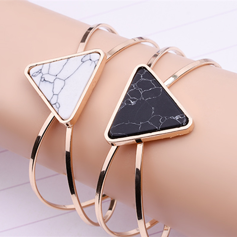 

Selling Retro Adjustable Black White Geometric Triangle Round Open Cuff Punk Bangle Bracelet Faux Marble Stone pulseras Jewelry
