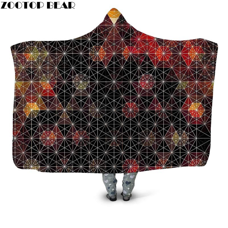 

Cool Geometric Hooded Blanket 3D Print Plush Blanket Adult Home Office Fleece Throw Wearable Bedspread Casual Fashion