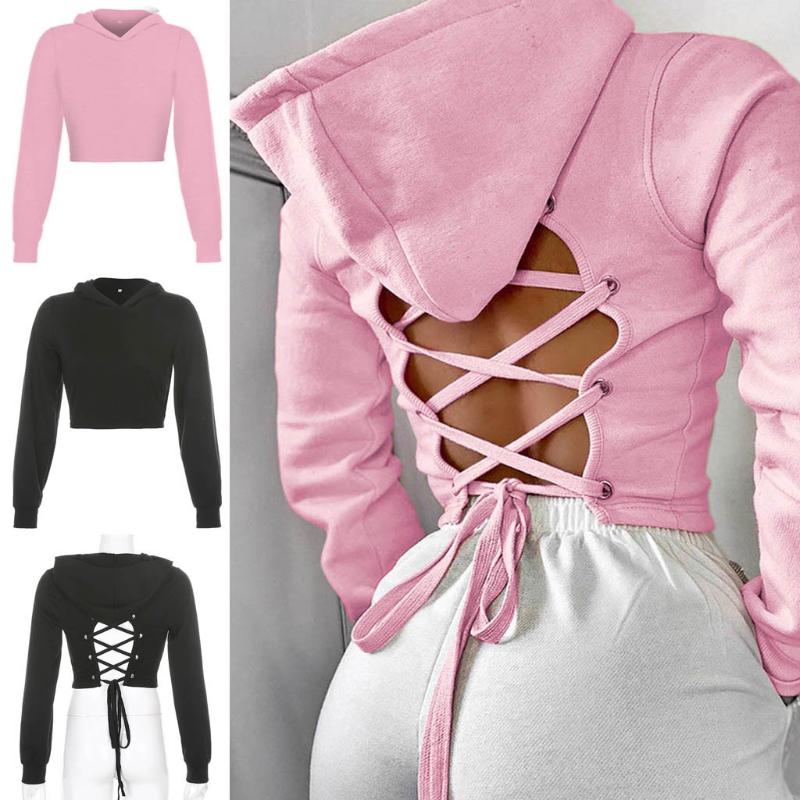 

Womens Sexy Hollow Cropped Hooded Short Sweatershirt Hoodies With Back Straps Fashion Solid Color Long Sleeve Hoodies #3, Black