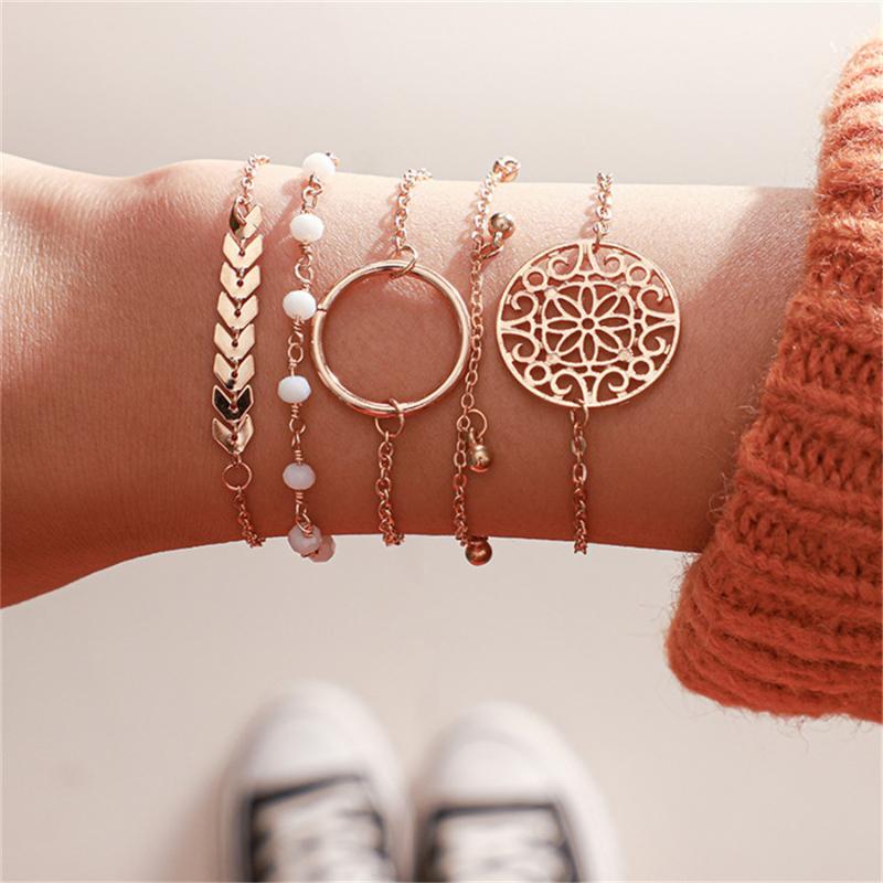 

Simple Round Flower Hollow Arrow Leaf Bracelet Female Retro Hollow Leaf Bracelet Set of 5 Gold Women's Accessories Party Y40