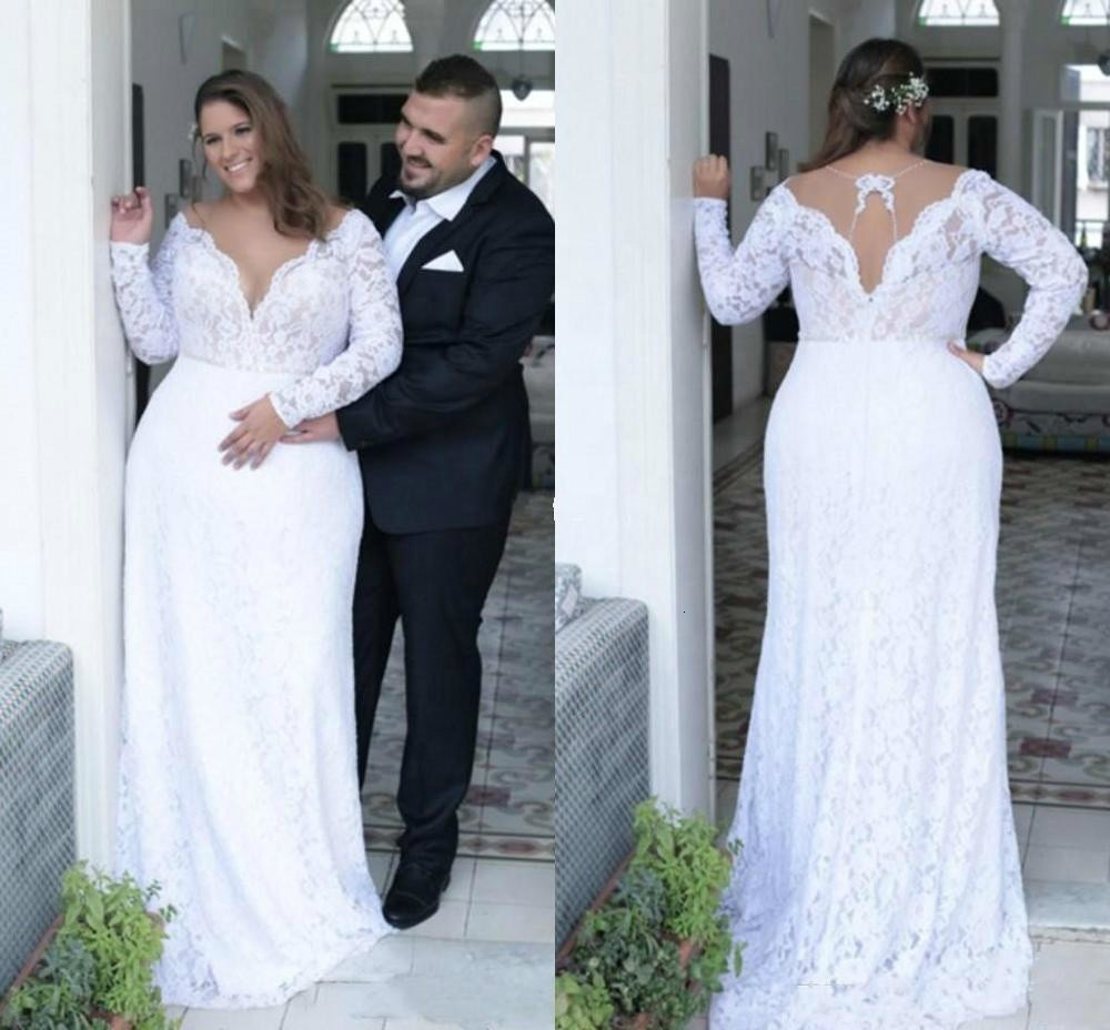 

Plus Size Straight Pregnant Women Bridal Gowns Lace Wedding Dress, White