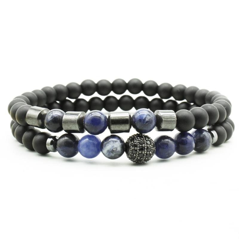 

Micro Pave Genuine Black Matte Onyx Bracelets Tiger-eye Blue Sand Howlite Moon Stones Couple Bracelets Hematite Spacers 2pcs/set