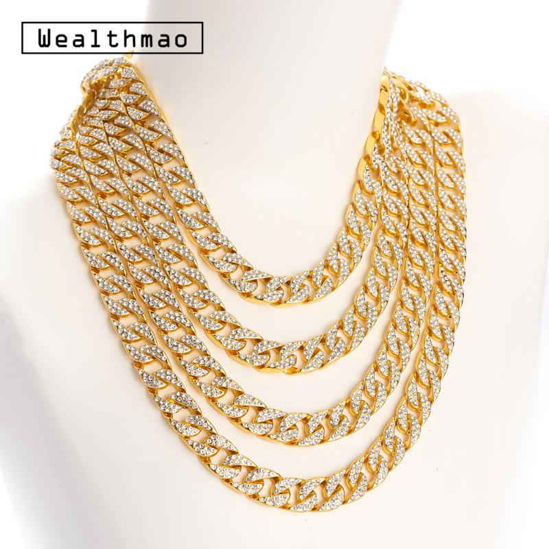 

Hip Hop Full Rhinestones Iced Out Miami Curb Cuban Chain Link Necklace Gold Silver Color Bling Long Necklaces For Mens Jewelry