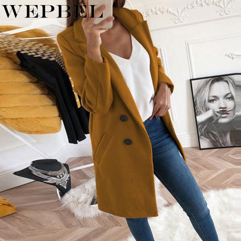 

WEPBEL Autumn and Winter New Woolen Women Solid Color Long Coat Long Double-breasted Women Turn-down Collar Slim Jacket, Black
