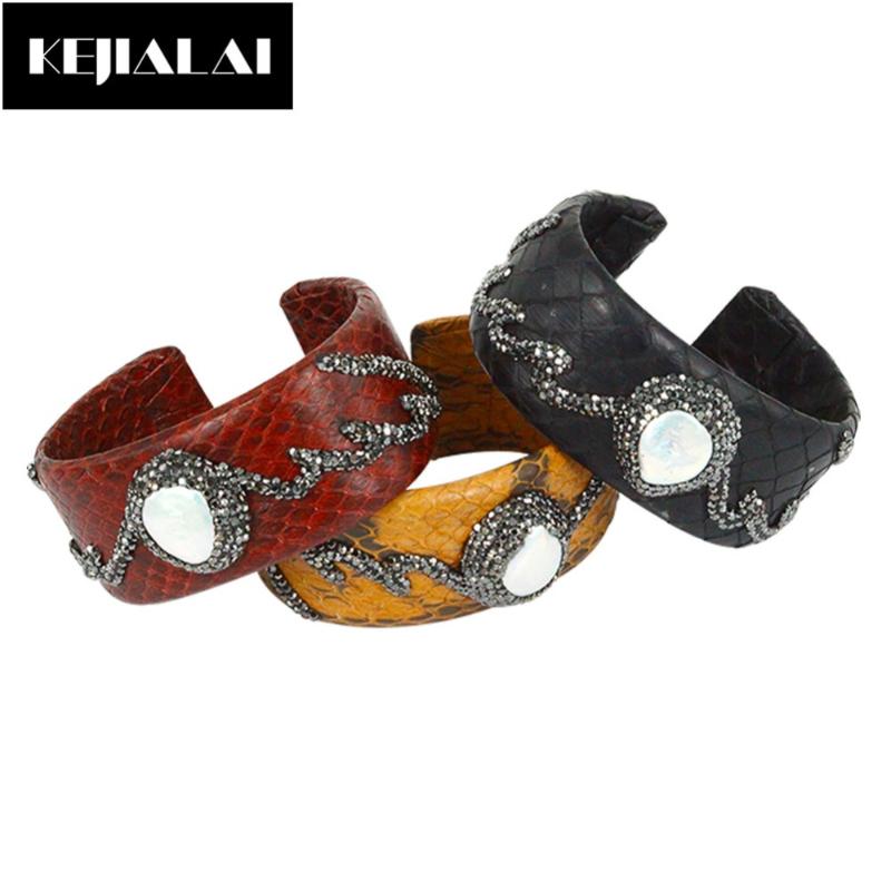 

High Quality Snakeskin Python Leather Bangles & Bracelets for Women Men Freshwater Pearl Shell Charm Cuff Paved Rhinestone Gift