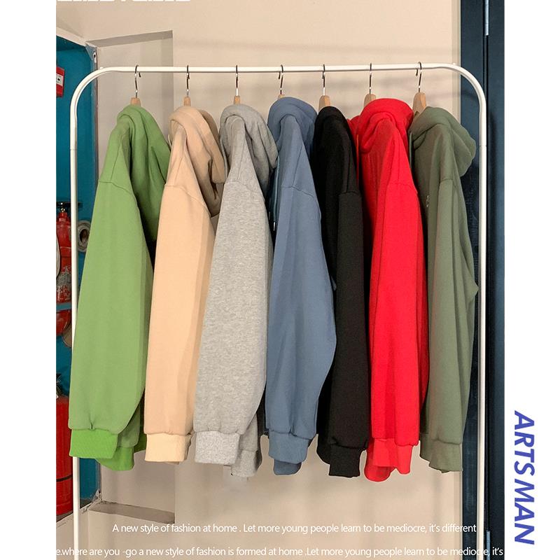 

Pure color hooded couple clothes casual male and female students loose plus velvet thick autumn and winter coat clothes, Blue thin section