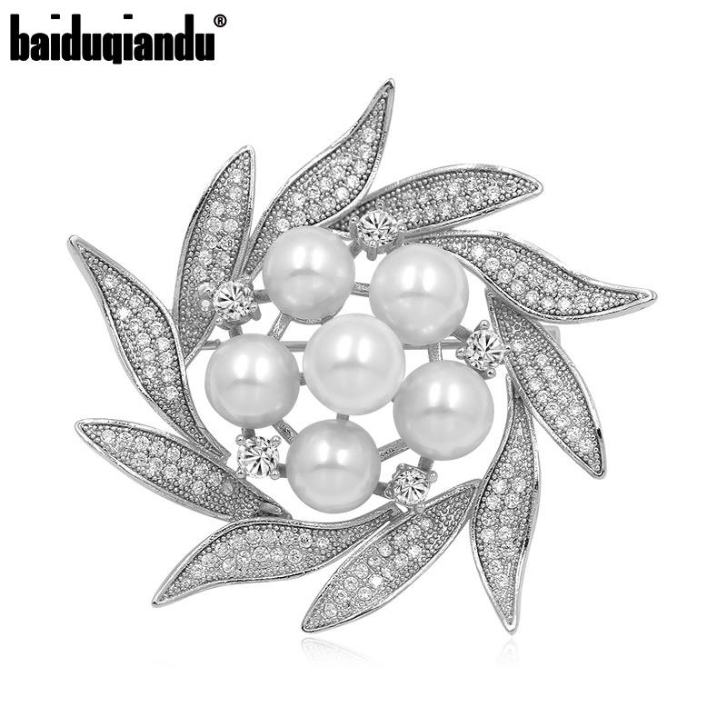 

baiduqiandu Shining Zirconia Crystal Simulated Pearl Flower Brooch Pins for Lady