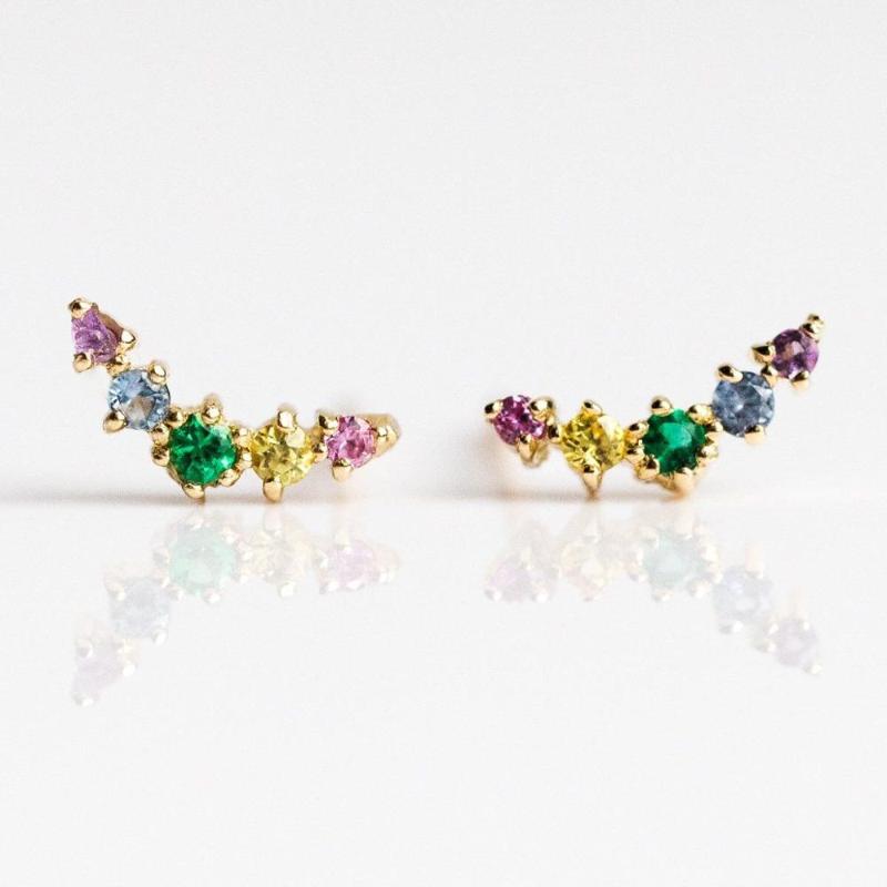 

2020 fashion small lovely stud 5 pcs colorful cz curved bar stud gold rainbow cz earring fashion