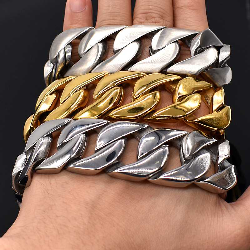 

AMUMIU 24mm Wide Biker 316L Stainless Steel Big Heavy Curb Chain Link Bracelet Mens Boys Chain Wholesale Jewelry HZB123