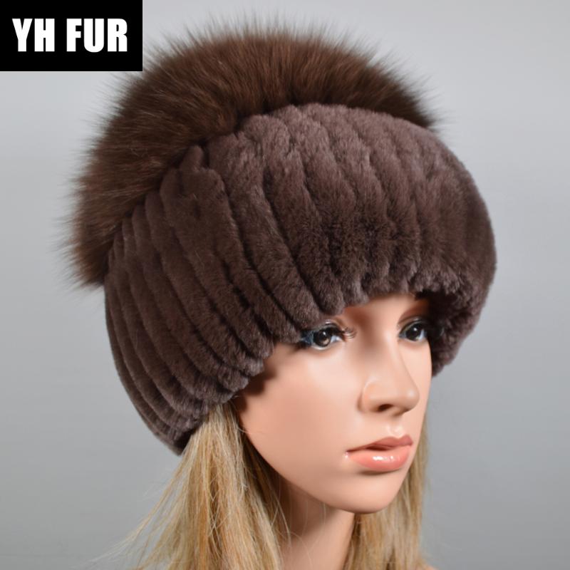 

2020 New Style Women Real Genuine Fur Beanies Hat Girls Natural Real Rex Fur Skullies Cap Knit Winter Hats, Beige
