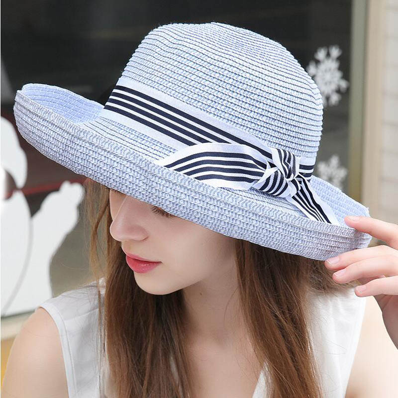 

2020 Hot Sale Round Top Glris Beach Hat Large Wide Brim Straw Hats Summer Sun Hats For Women Beach Lady Pink Blue