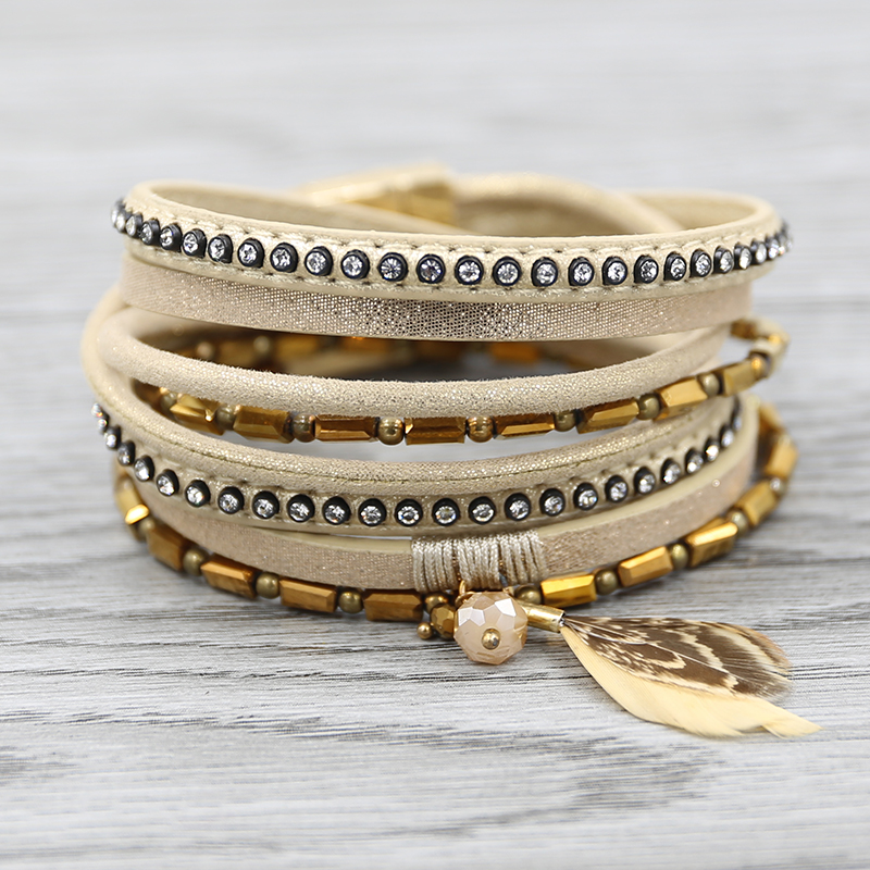 

Strathspey Leather Bracelets For Women Multilayer Bracelet Beads Gold Feather Bracelet Femme Fashion Jewelry 2020