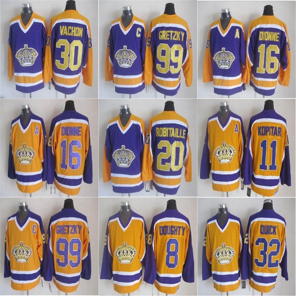 

Los Angeles Kings Vintage Version Jersey 16 Marcel Dionne 20 Luc Robitaille 22 Tiger Williams 8 Drew Doughty 99 Wayne Gretzky Hockey Jerseys, 8 doughty yellow