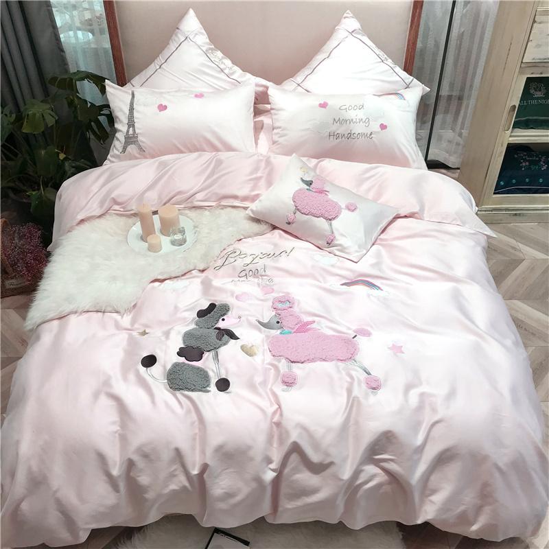 

Luxury Egypt Cotton Cute Poodle Cartoon Bedding Set Embroidery Ruffles Duvet Cover Sets Bed Sheet  Queen King size 4/6/7Pcs, Tz1