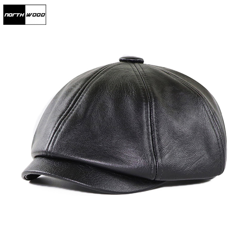 

NORTHWOOD]High Quality PU Leather Berets Hat for Men Solid Black Beret Homme Bone Gorras Dad Hats Men Peaked Hats
