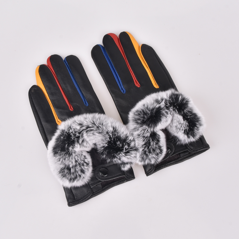 

Real Rex fur Leather gloves women Black Sheepskin Genuine Leather winter glove Genuine Thick Warm gloves