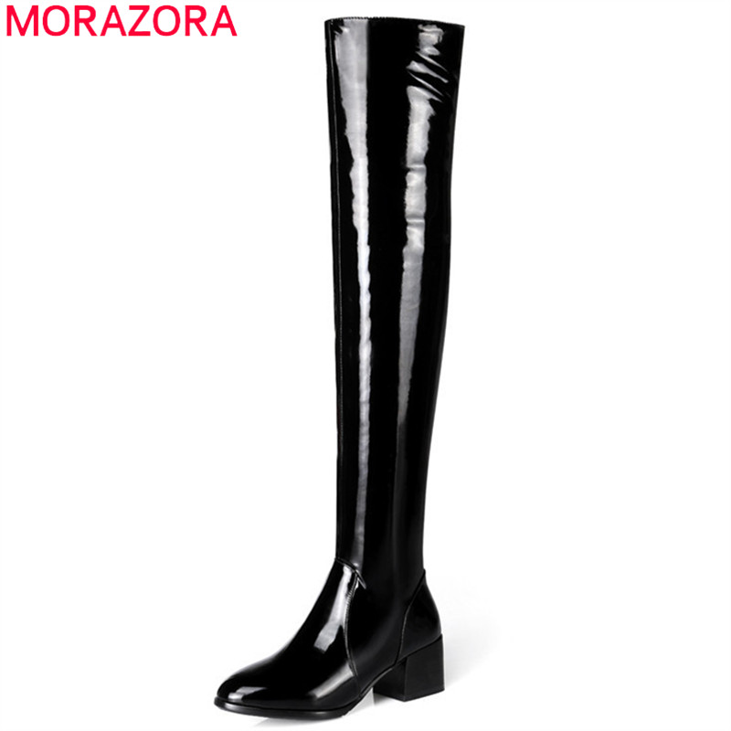 

MORAZORA plus size 34-45 boots fashion black apricot high quality pu+ genuine leather boots zipper over the knee