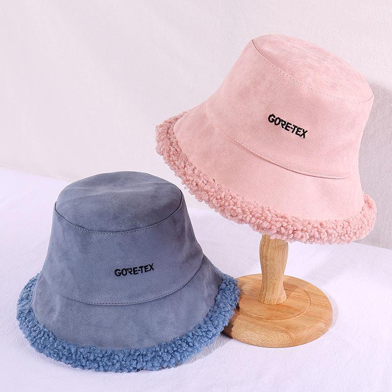

Lalambswool Fisherman Hat Female Thickened Wavy the Style with Hemming in Black Letter Embroidered Bucket Hat Outdoor Warm