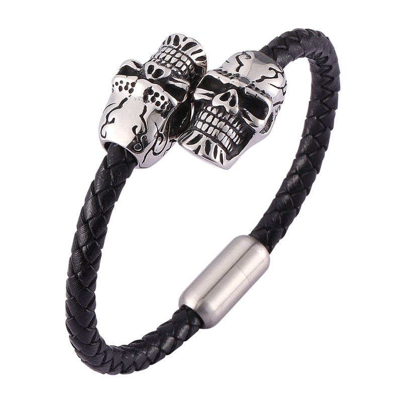 

Skull Skeleton Stainless Steel Leather Bracelets & Bangles Black Braid Rope Magnetic buckle Punk Men Jewelry BB0468